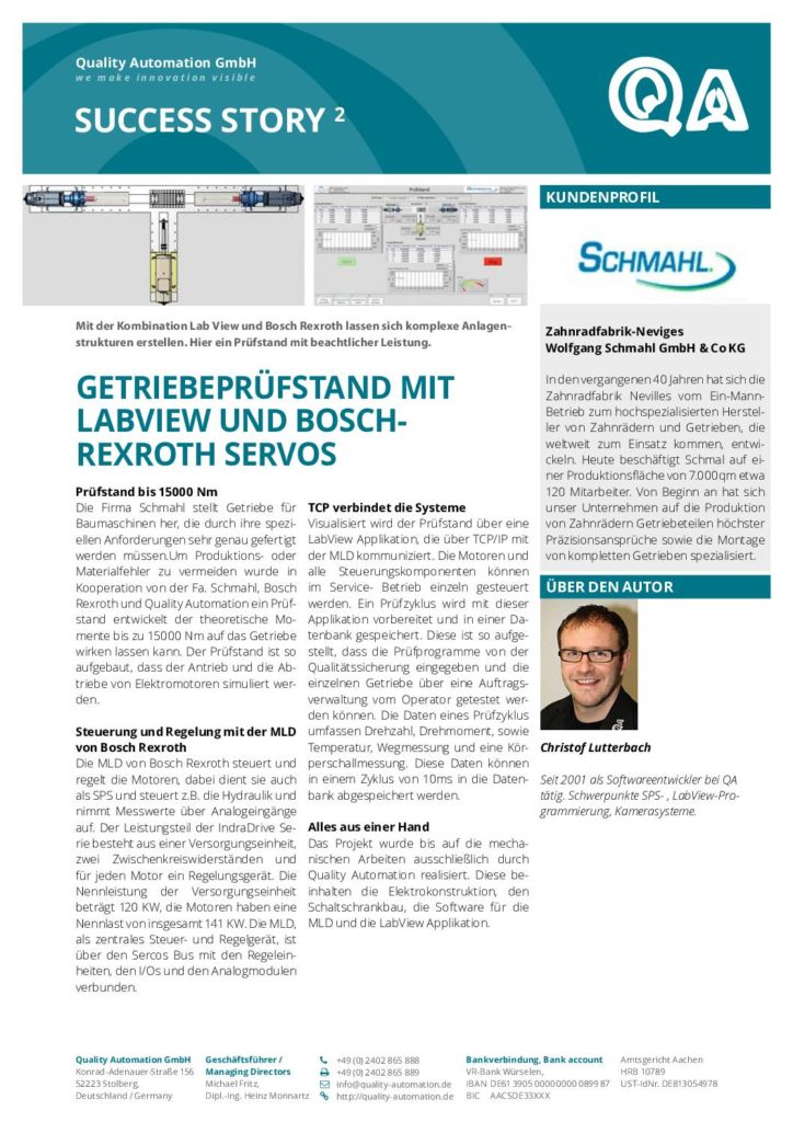Qua­li­ty Auto­ma­ti­on Suc­cess Sto­ry – Getrie­be­prüf­stand mit Lab­view und Bosch-Rex­roth Servos