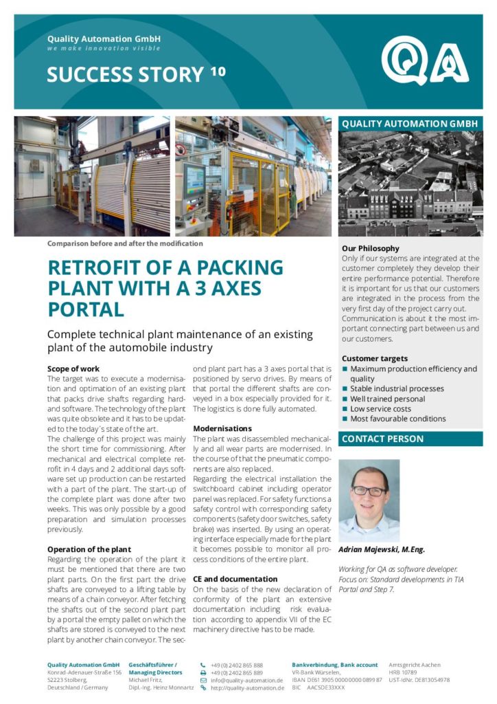 Qual­i­ty Automa­tion Suc­cess Sto­ry – retro­fit of a pack­ing plant with a 3 axes portal