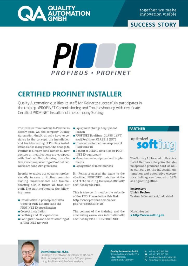 Qual­i­ty Automa­tion Suc­cess Sto­ry –  cer­ti­fied profinet installer
