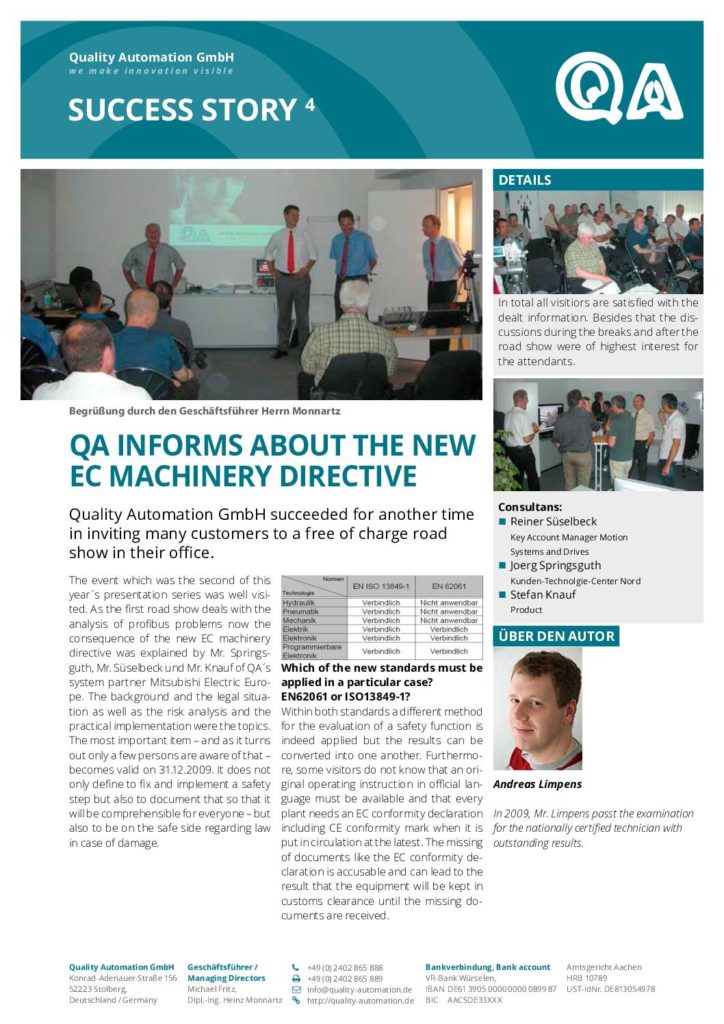 Qual­i­ty Automa­tion Suc­cess Sto­ry – QA informs about the nes EC machin­ery directive